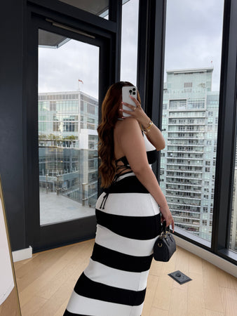 Halter neck long dress (black and white) 2944