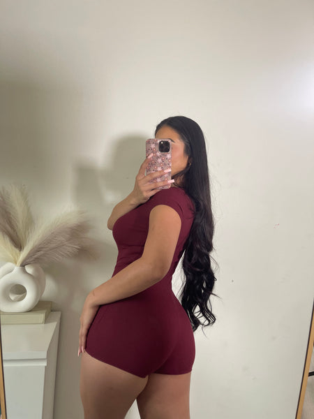 Snap button rib romper (burgundy ) 1505