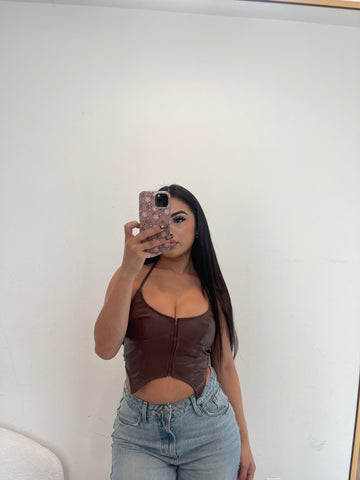 Halter faux leather zipper crop top 20046