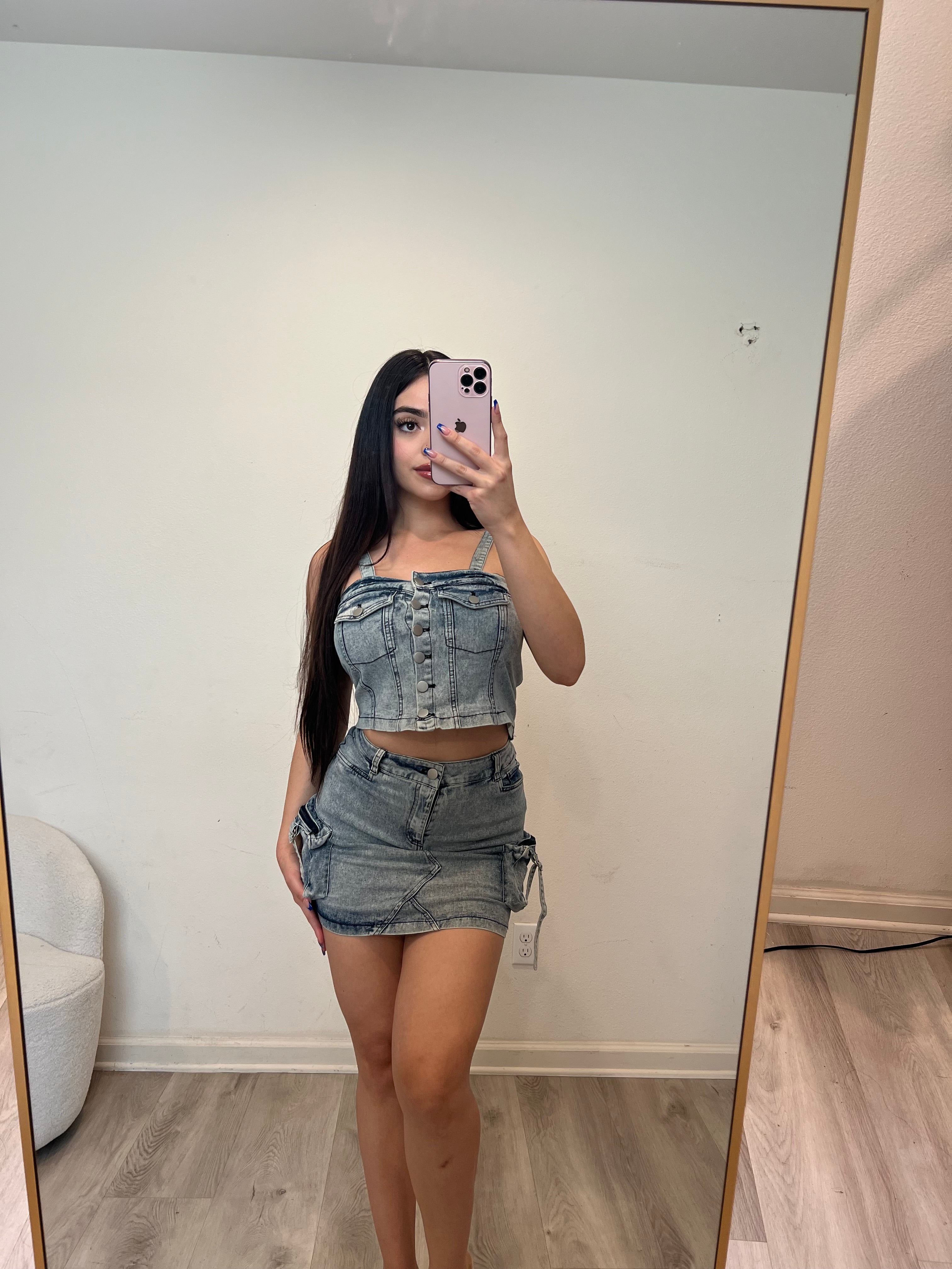 Front bottom & side pocket skirt set (acid denim) 009-002