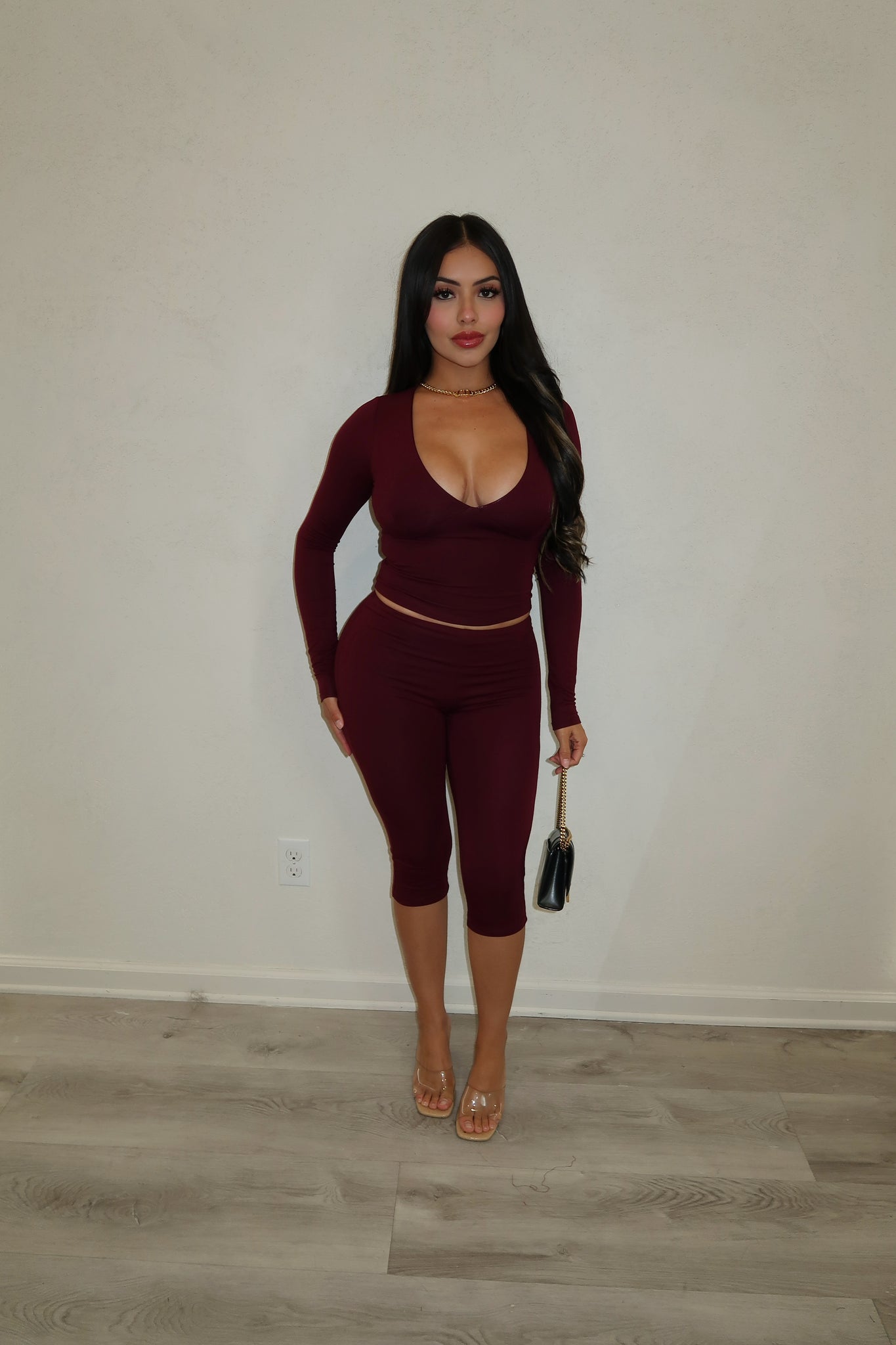 Long sleeve v neck two piece set (wine) ST4123