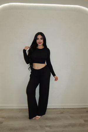 Long sleeve cropped top and wide leg pants set (black) ST3932