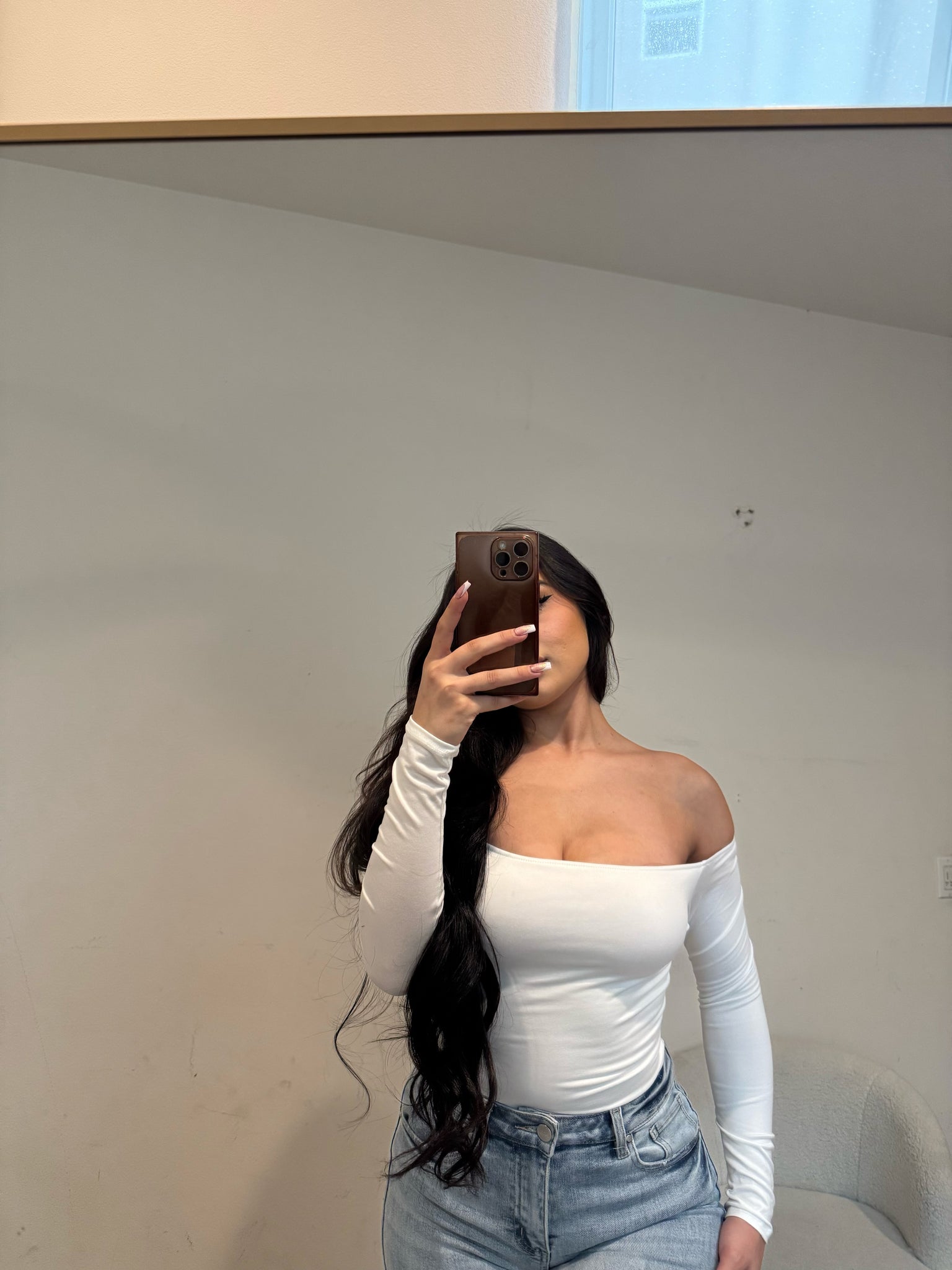 Long sleeve off shoulder thong bodysuit (white) 7462