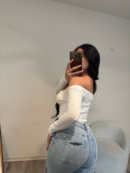 Long sleeve off shoulder thong bodysuit (white) 7462