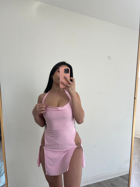 Demi halter front slits mini dress (light pink) 6210