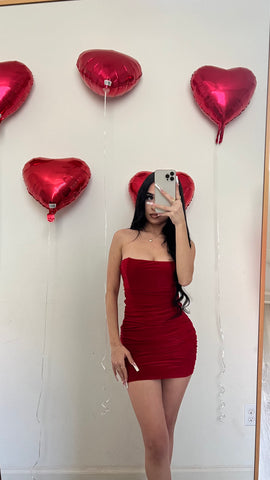 Valentina strapless tube ruched mini dress (red) 6536