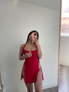 Demi halter front slits mini dress (red) 6210