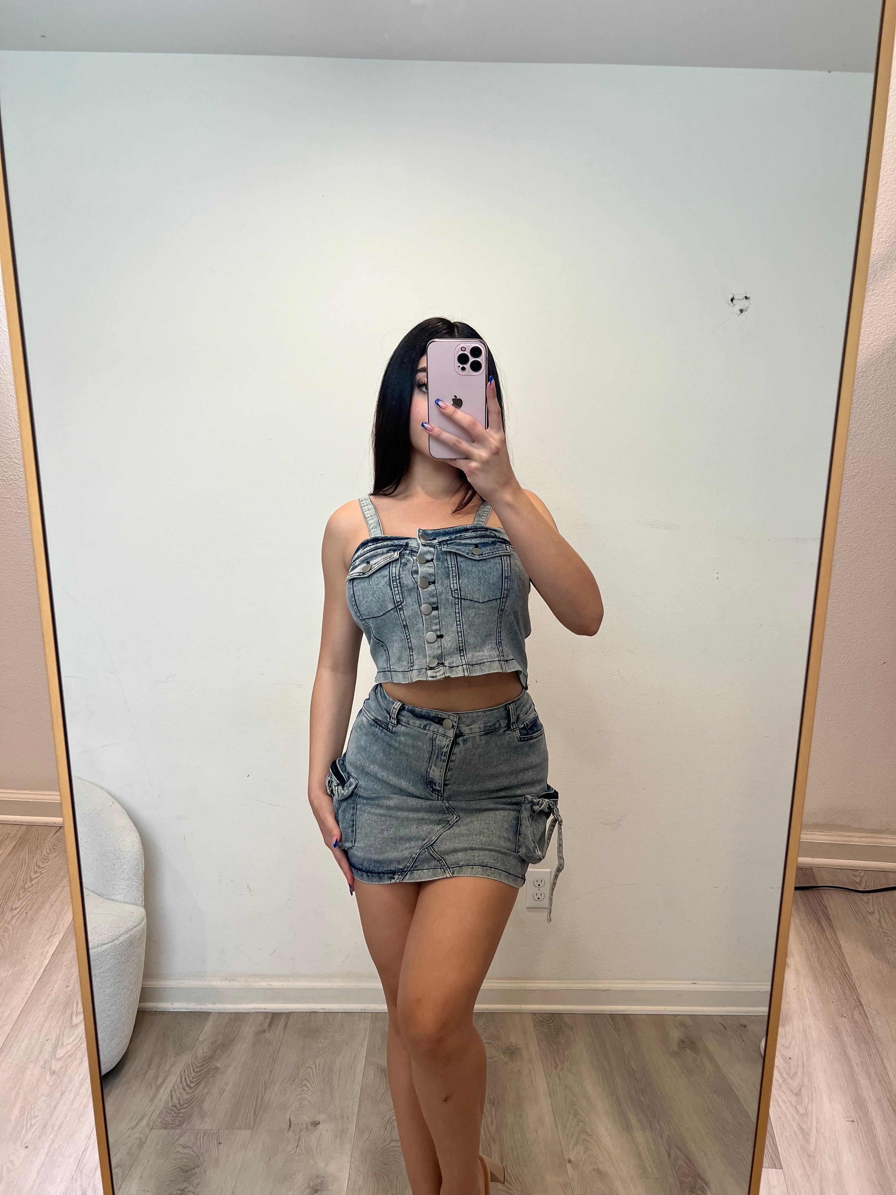 Front bottom & side pocket skirt set (acid denim) 009-002