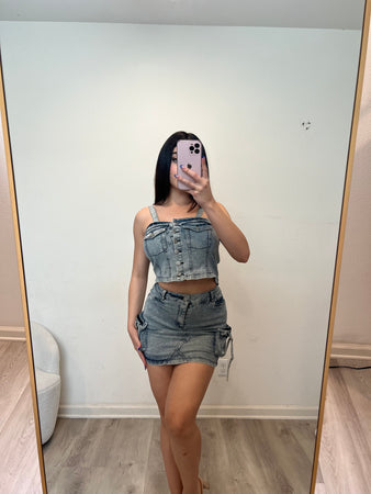 Front bottom & side pocket skirt set (acid denim) 009-002