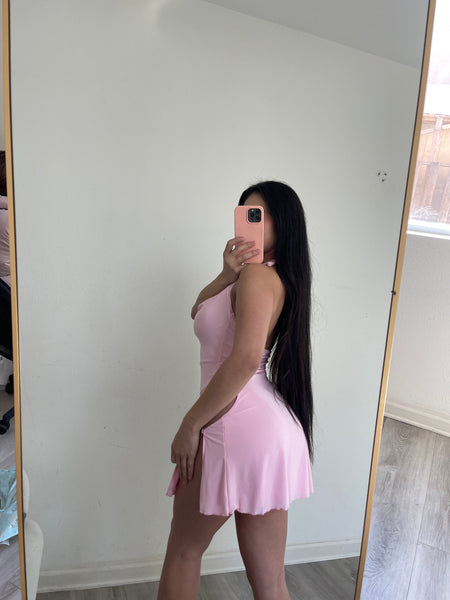 Demi halter front slits mini dress (light pink) 6210
