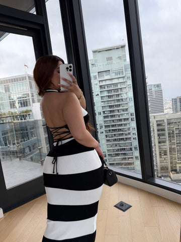 Halter neck long dress (black and white) 2944