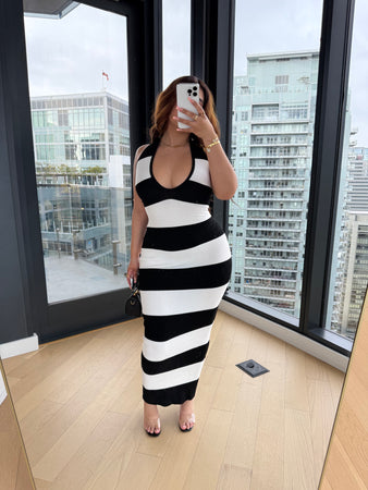 Halter neck long dress (black and white) 2944