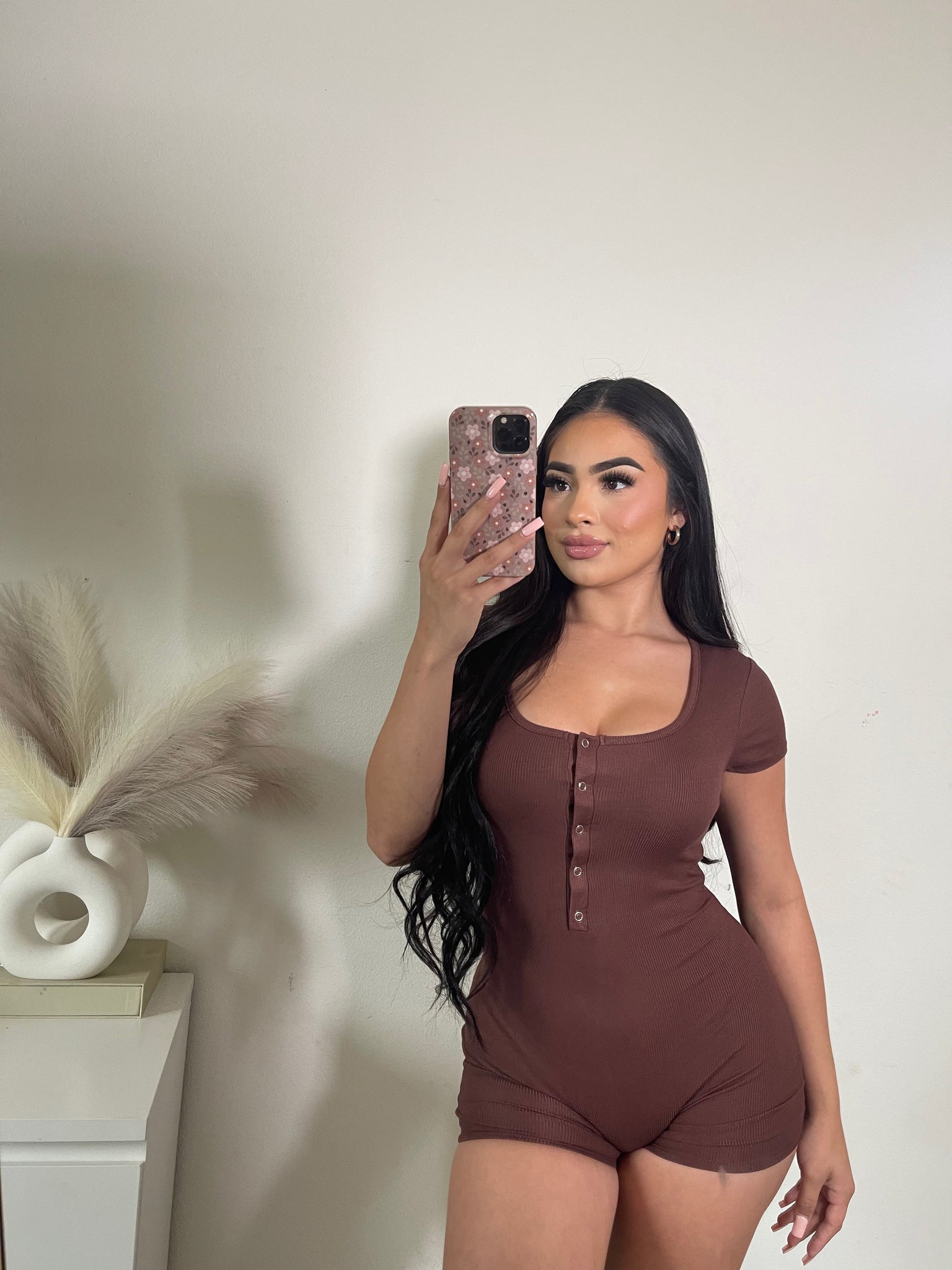 Snap button rib romper (brown) 1505
