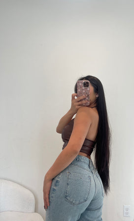 Halter faux leather zipper crop top 20046