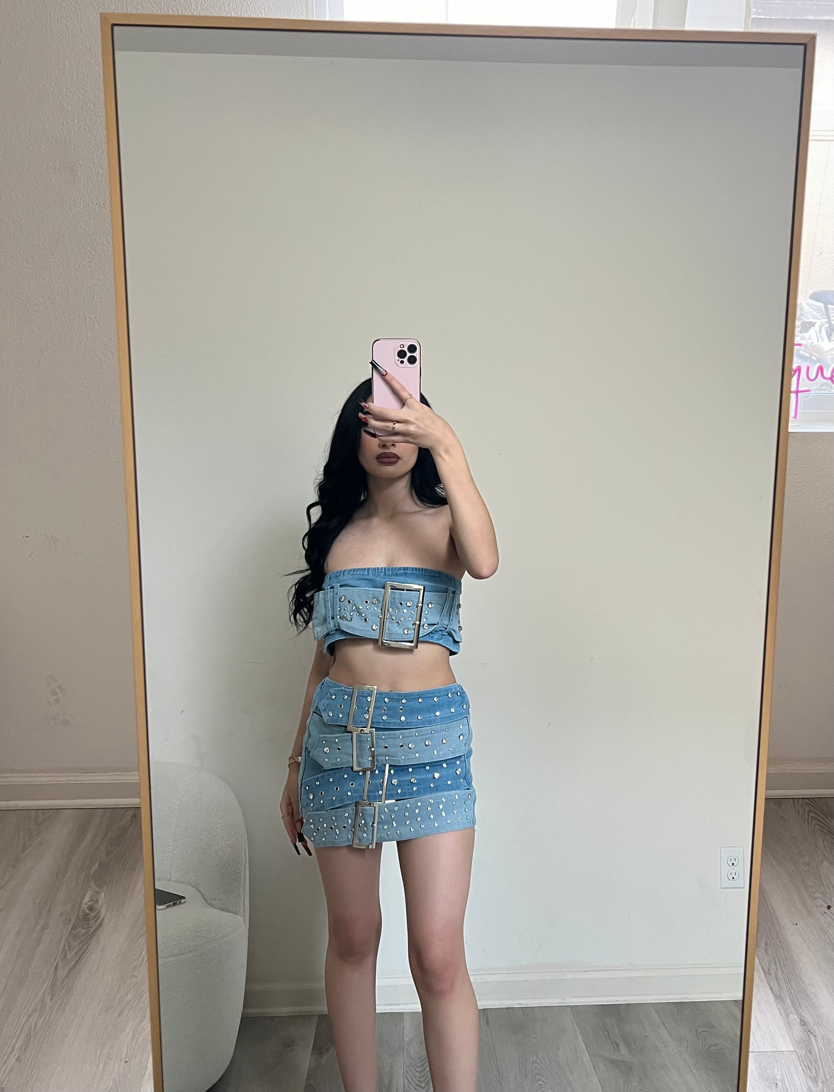 Belted denim two piece set with rhinestones 23087