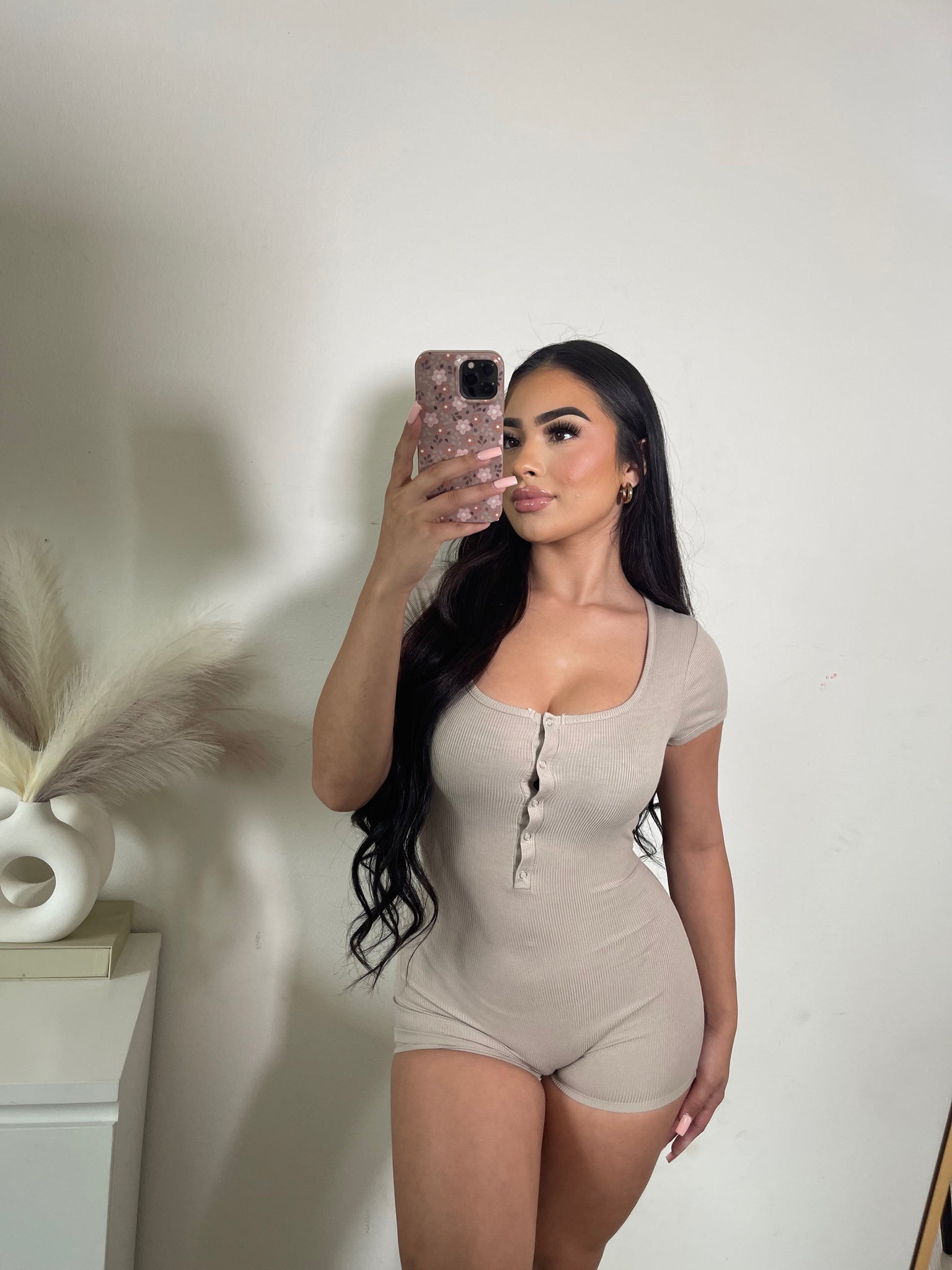 Snap button rib romper (Mocha) 1505