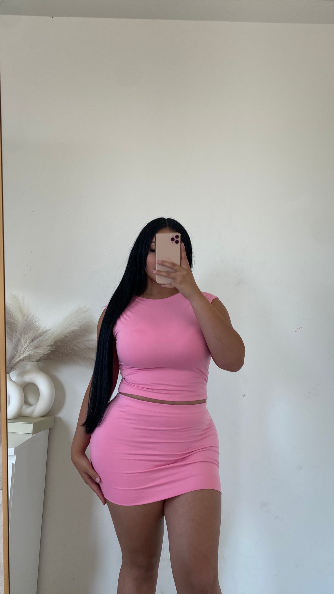 Short sleeve open back two piece set (pink)9898