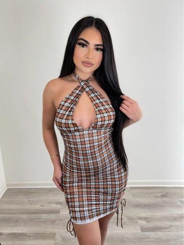 Checker halter dress  ( brown)4340