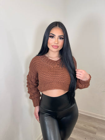 Chunky v-neck sweater top (brown)